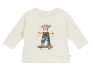 The Arsene & Les Pipelettes Baby Boys’ Skating Dog T-Shirt is a long-sleeve white cotton tee featuring a printed illustration of a dog in overalls and a blue hat, riding a skateboard.