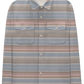 The Faherty Legend™ Sweater Shirt is a long-sleeve button-up with horizontal stripes in muted blue, pink, beige, and gray. It features two chest flap pockets and is crafted from a custom fabric blend for superior comfort.