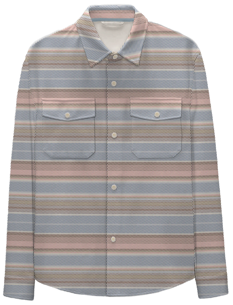 The Faherty Legend™ Sweater Shirt is a long-sleeve button-up with horizontal stripes in muted blue, pink, beige, and gray. It features two chest flap pockets and is crafted from a custom fabric blend for superior comfort.