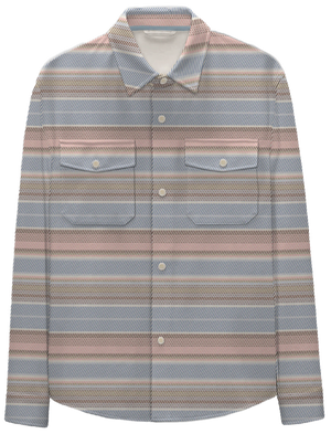 The Faherty Legend™ Sweater Shirt is a long-sleeve button-up with horizontal stripes in muted blue, pink, beige, and gray. It features two chest flap pockets and is crafted from a custom fabric blend for superior comfort.