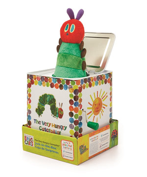 The Very Hungry Caterpillar Jack in the Box by Kids Preferred features a plush caterpillar that pops out, with bright colors and Eric Carle’s classic artwork and text from the beloved children’s book.