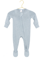 Showcased on a hanger against a white background, the Lou Lou & Company Baby Boys’ Miller Plush Knit Zipper Footie is a cozy, light gray long-sleeve onesie with footed legs and an ultra-soft feel, featuring a convenient diagonal zipper design.