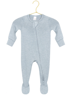 Showcased on a hanger against a white background, the Lou Lou & Company Baby Boys’ Miller Plush Knit Zipper Footie is a cozy, light gray long-sleeve onesie with footed legs and an ultra-soft feel, featuring a convenient diagonal zipper design.