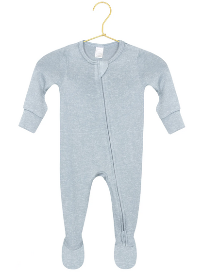 Showcased on a hanger against a white background, the Lou Lou & Company Baby Boys’ Miller Plush Knit Zipper Footie is a cozy, light gray long-sleeve onesie with footed legs and an ultra-soft feel, featuring a convenient diagonal zipper design.
