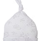 The Kissy Kissy Cheerful Good Night Printed Hat is crafted from premium Pima cotton and features a delightful pattern of gray moons, clouds, and stars.