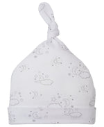 The Kissy Kissy Cheerful Good Night Printed Hat is crafted from premium Pima cotton and features a delightful pattern of gray moons, clouds, and stars.