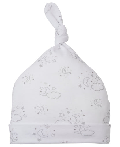 The Kissy Kissy Cheerful Good Night Printed Hat is crafted from premium Pima cotton and features a delightful pattern of gray moons, clouds, and stars.