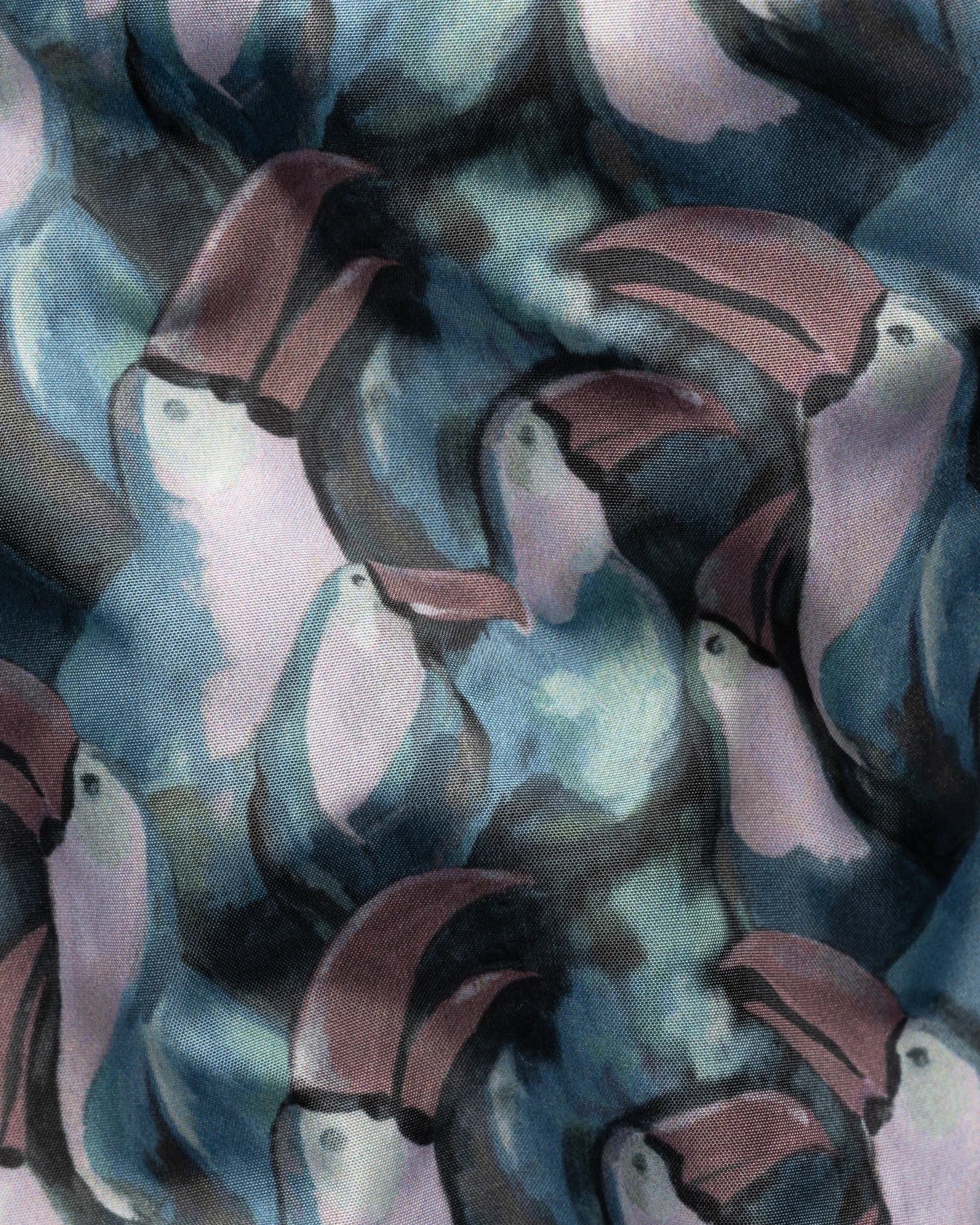 Eton's Tucano Swim Shorts feature an abstract pattern with playful stylized toucans, pink beaks, and dark blue feathers on a cloudy blue-gray background, crafted in fast-drying polyester.