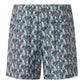 The Eton Tucano Swim Shorts feature an abstract blue and pink pattern with a subtle tucano motif, an elastic waistband, single rear pocket, and are made from fast-drying polyester. Shown from the back.