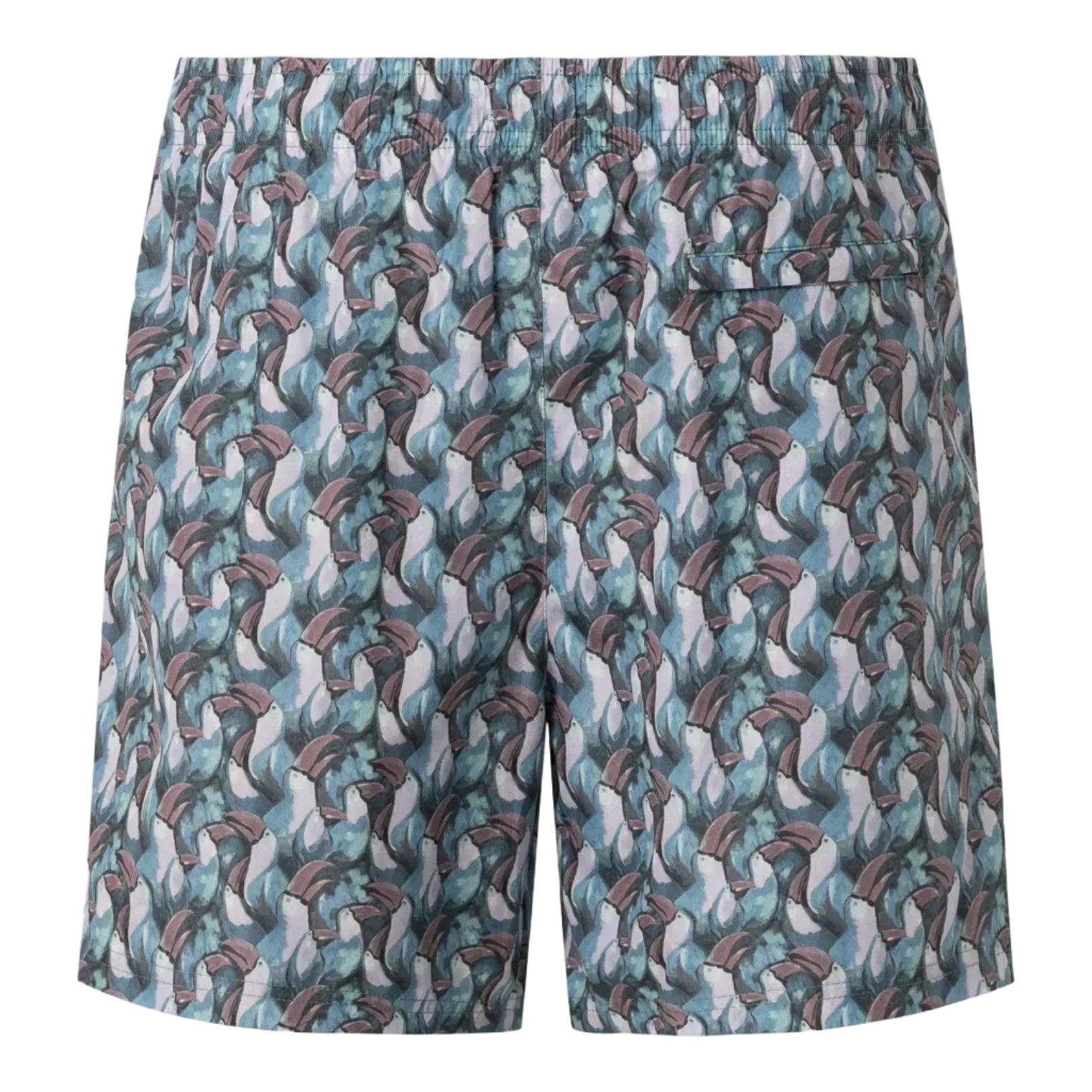 The Eton Tucano Swim Shorts feature an abstract blue and pink pattern with a subtle tucano motif, an elastic waistband, single rear pocket, and are made from fast-drying polyester. Shown from the back.