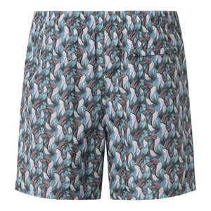 The Eton Tucano Swim Shorts feature an abstract blue and pink pattern with a subtle tucano motif, an elastic waistband, single rear pocket, and are made from fast-drying polyester. Shown from the back.