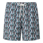 Eton’s Tucano Swim Shorts feature an elastic waistband, white drawstring, and vibrant blue, teal, and pink abstract dolphin-like print. Made from fast-drying polyester for comfort.