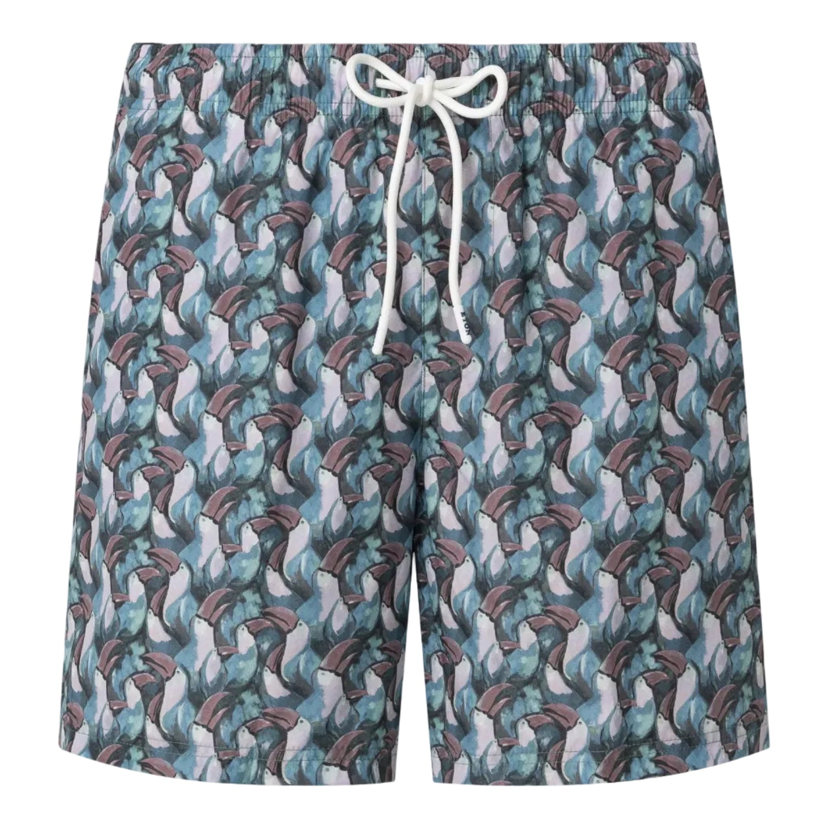 Eton’s Tucano Swim Shorts feature an elastic waistband, white drawstring, and vibrant blue, teal, and pink abstract dolphin-like print. Made from fast-drying polyester for comfort.