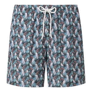 Eton’s Tucano Swim Shorts feature an elastic waistband, white drawstring, and vibrant blue, teal, and pink abstract dolphin-like print. Made from fast-drying polyester for comfort.