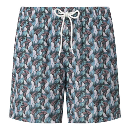 Eton’s Tucano Swim Shorts feature an elastic waistband, white drawstring, and vibrant blue, teal, and pink abstract dolphin-like print. Made from fast-drying polyester for comfort.