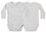The Quincy Mae Baby Jersey Bodysuit 2-Pack features two long-sleeve bodysuits crafted from soft brushed jersey—one in light gray with a charming duck pattern and the other in light gray with classic white stripes—displayed side by side. These organic baby onesies are designed for all-day comfort and to be gentle on delicate skin.
