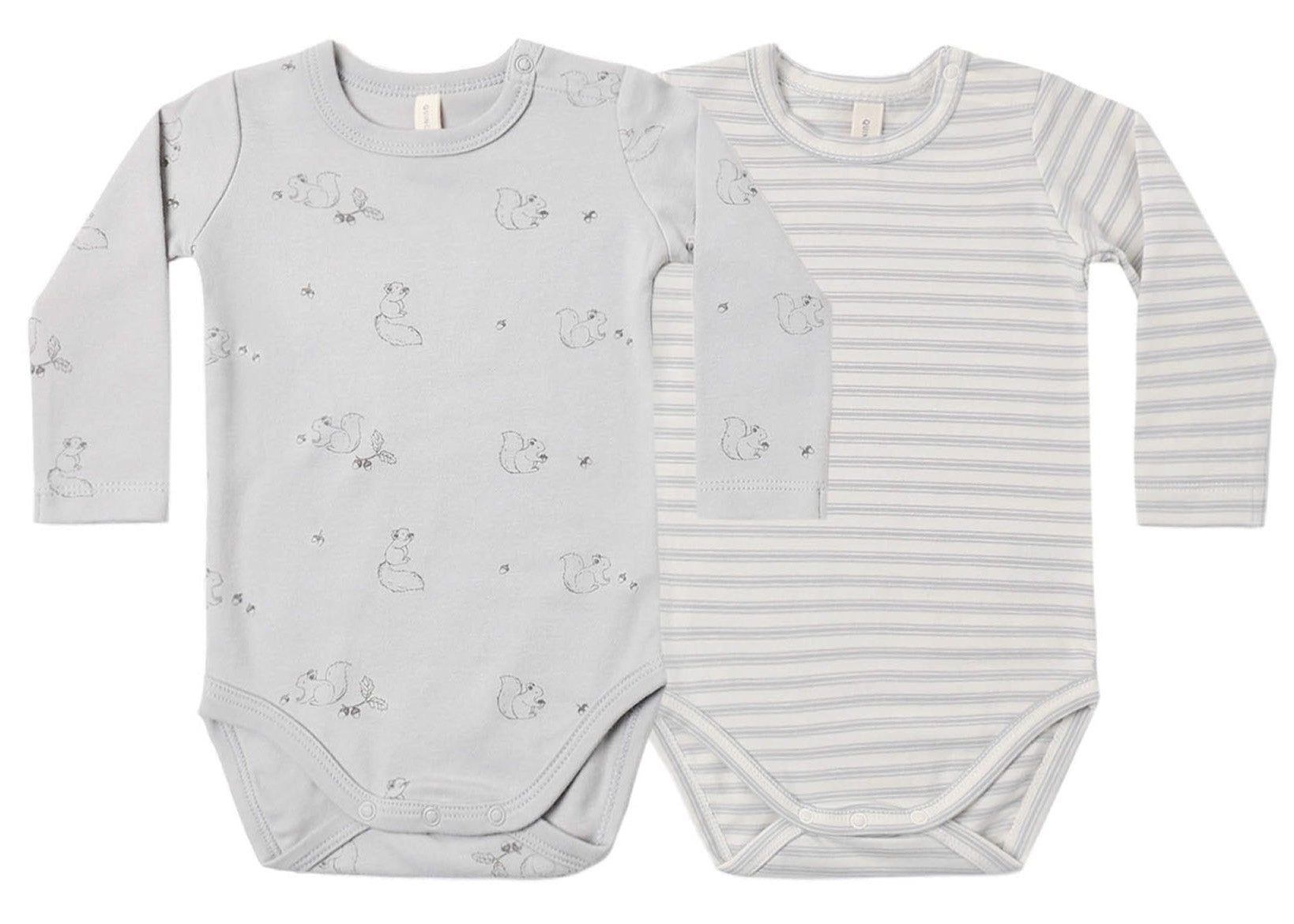 The Quincy Mae Baby Jersey Bodysuit 2-Pack features two long-sleeve bodysuits crafted from soft brushed jersey—one in light gray with a charming duck pattern and the other in light gray with classic white stripes—displayed side by side. These organic baby onesies are designed for all-day comfort and to be gentle on delicate skin.