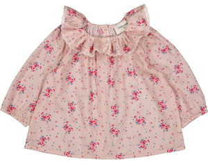 The Louis Louise Baby Girls' Lissou Cotton Veil Romantic Flower Tunic features long sleeves, pink floral print, a ruffled Peter Pan collar with lace trim, and back button closure.