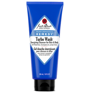 Jack Black's Turbo Wash Energizing Cleanser for Hair & Body is a 10 oz blue tube containing a sulfate-free formula enriched with rosemary, eucalyptus, and juniper berry.