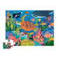 The Crocodile Creek Sea Turtle Puzzle is a vibrant 36-piece floor puzzle featuring sea life and is made from recycled cardboard, with one missing piece in the bottom left corner.