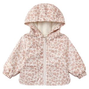 The Quincy Mae Baby and Kids’ Rain Coat is a light-colored toddler raincoat with a pink floral pattern, hood, front zipper, two pockets, airflow flap for breathability, and elastic cuffs, displayed on a plain white background.