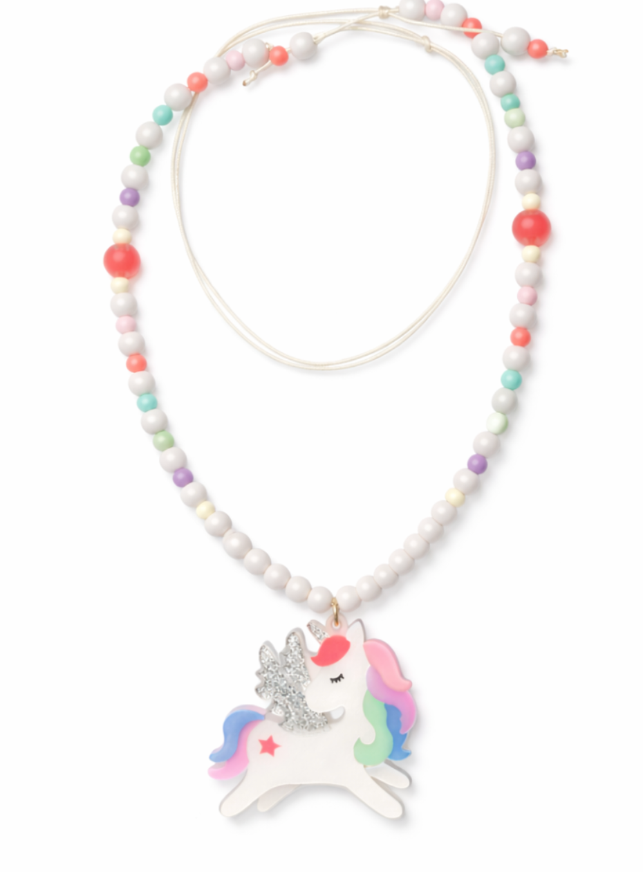Add a touch of unicorn magic to your style with the Unicorn Pastel Necklace from Lillies & Roses, featuring multicolor round beads and a unicorn charm pendant adorned with a rainbow mane, silver glittery horn and wings, and a red star on its side.