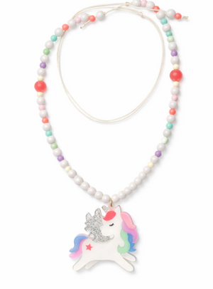 Add a touch of unicorn magic to your style with the Unicorn Pastel Necklace from Lillies & Roses, featuring multicolor round beads and a unicorn charm pendant adorned with a rainbow mane, silver glittery horn and wings, and a red star on its side.