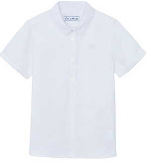 A boys’ linen shirt by Tartine et Chocolat, featuring a plain white color, short sleeves, and a collar, displayed on a flat surface.
