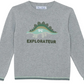 The Boys’ Illustration Sweater by Tartine et Chocolat is a gray, 100% cotton kids’ long-sleeve sweater featuring a green dinosaur graphic with the initials “TC” on the dinosaur and the word “EXPLORATEUR” underneath.