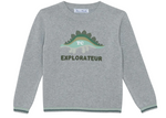 The Boys’ Illustration Sweater by Tartine et Chocolat is a gray, 100% cotton kids’ long-sleeve sweater featuring a green dinosaur graphic with the initials “TC” on the dinosaur and the word “EXPLORATEUR” underneath.