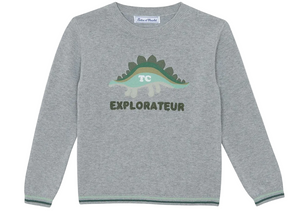 The Boys’ Illustration Sweater by Tartine et Chocolat is a gray, 100% cotton kids’ long-sleeve sweater featuring a green dinosaur graphic with the initials “TC” on the dinosaur and the word “EXPLORATEUR” underneath.