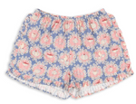 Introducing the Baby Girls’ and Girls’ Kim Frill Shorts by Konges Slojd—crafted from soft organic cotton, these blue and pink floral pajama shorts feature charming tea cup, teapot, and wreath prints. The elastic waist and ruffled hem add whimsical charm and comfort for delightful lounging.