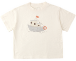 The Rylee & Cru Baby Boys' and Boys' Relaxed Tee is a cream short-sleeve cotton jersey, featuring a simple boat with red flag and lifebuoy illustration, designed for easy dressing and all-day comfort.