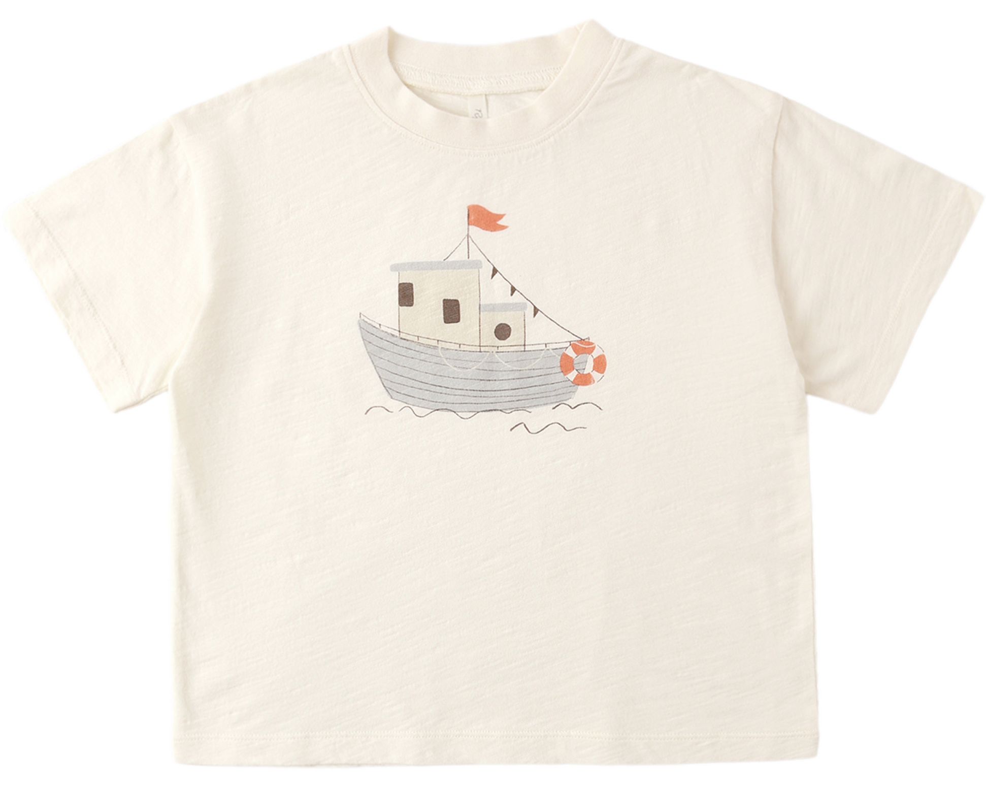 The Rylee & Cru Baby Boys' and Boys' Relaxed Tee is a cream short-sleeve cotton jersey, featuring a simple boat with red flag and lifebuoy illustration, designed for easy dressing and all-day comfort.