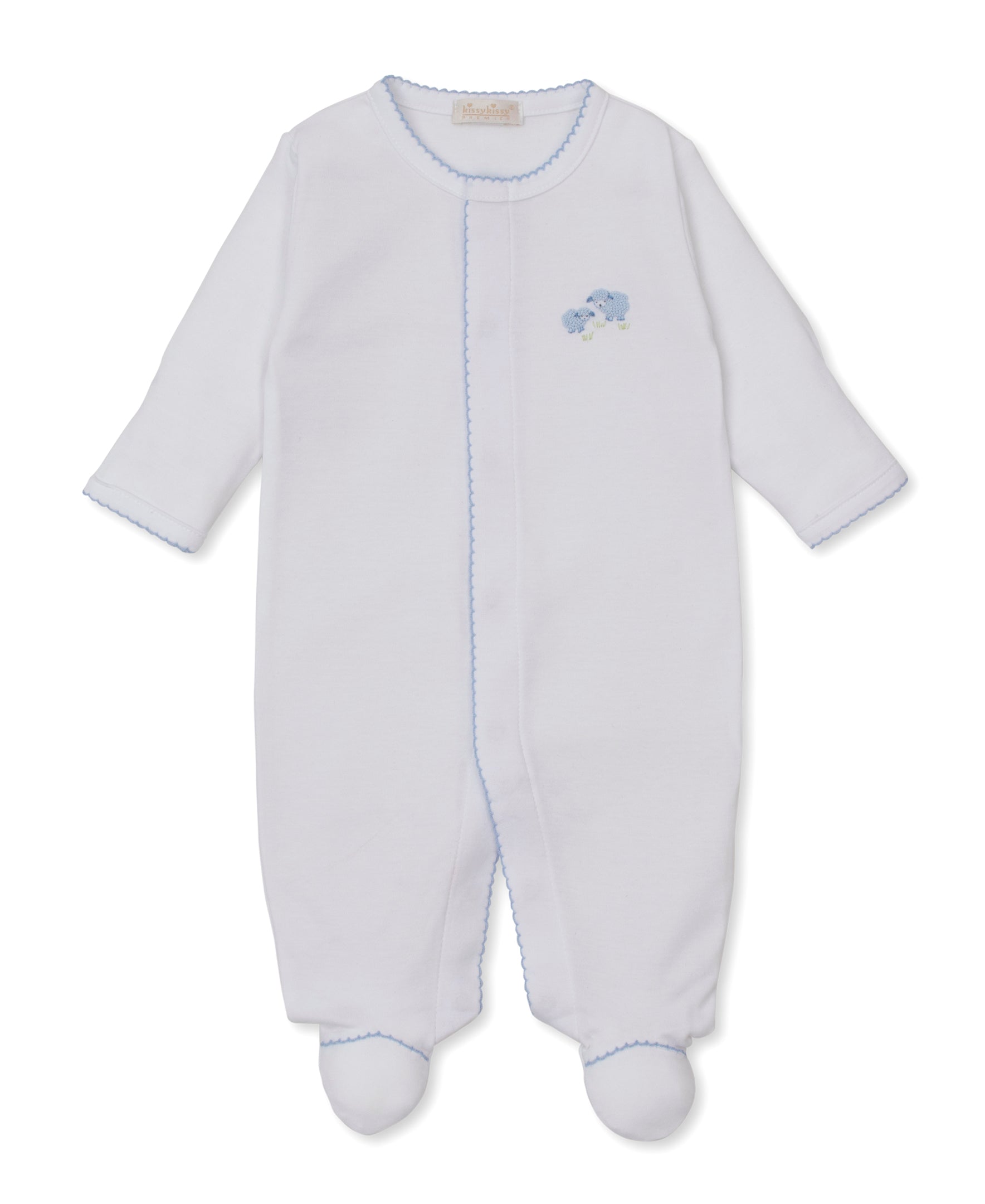 Dress your little one in comfort and charm with the Kissy Kissy Baby Premier Sweet Sheep Footie. This white long-sleeve, footed onesie features light blue trim and a delicate blue hand-embroidered detail on the left chest. Made from luxurious Peruvian cotton, it’s part of our Sweet Sheep Collection—perfect for keeping your baby cozy and stylish.