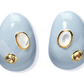 The Mini Arp Earrings by Lizzie Fortunato are delicate light blue, oval-shaped drops adorned with white pearls and yellow gemstones. Ideal for everyday elegance or a touch of sophistication in the boardroom.