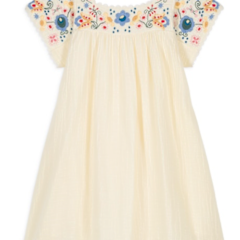 The Louise Misha Girls' Daya Dress is a cream-colored cotton gauze piece adorned with vibrant floral embroidery on the upper section and short sleeves.