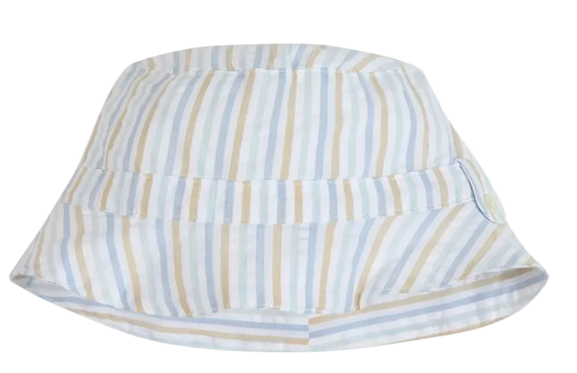 The Baby Striped Bob Hat by Tartine et Chocolat is a stylish cotton sun hat with vertical pastel stripes in blue, beige, and white, pictured here on a plain white background.