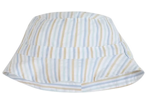 The Baby Striped Bob Hat by Tartine et Chocolat is a stylish cotton sun hat with vertical pastel stripes in blue, beige, and white, pictured here on a plain white background.