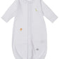 The Kissy Kissy Baby' Safari Wild Hand Emb. Convertible Gown features soft white Peruvian cotton, long sleeves, an elastic hem, and hand-embroidered giraffe, lion, and elephant safari animals on the front.