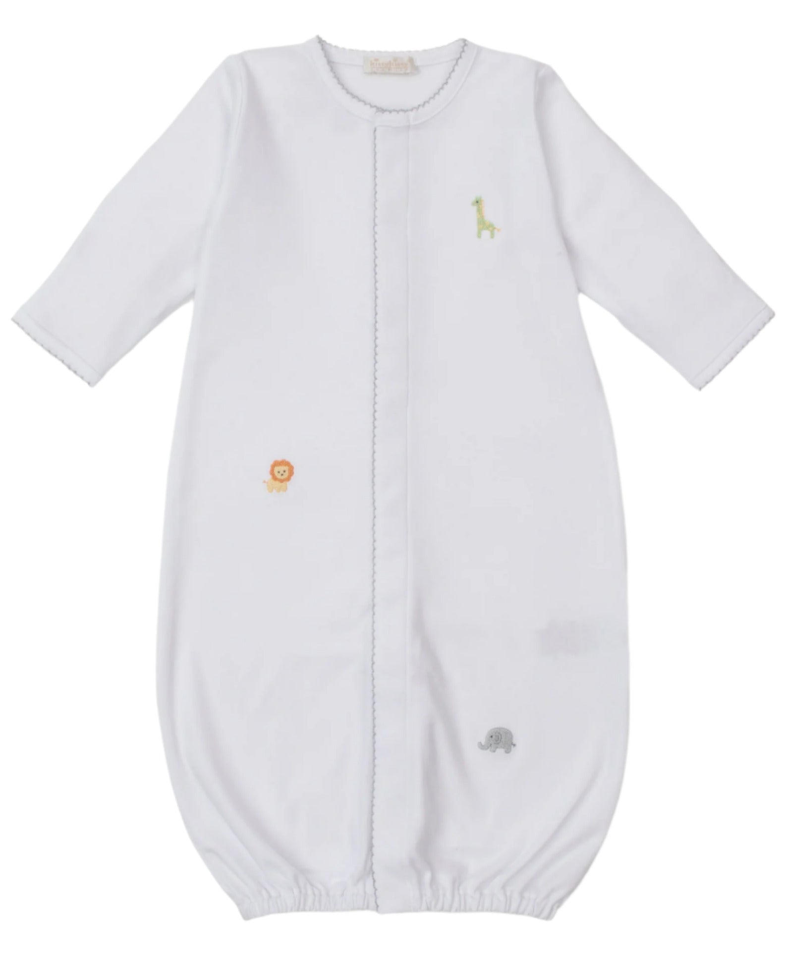 The Kissy Kissy Baby' Safari Wild Hand Emb. Convertible Gown features soft white Peruvian cotton, long sleeves, an elastic hem, and hand-embroidered giraffe, lion, and elephant safari animals on the front.
