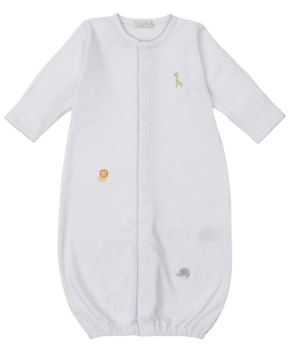 The Kissy Kissy Baby' Safari Wild Hand Emb. Convertible Gown features soft white Peruvian cotton, long sleeves, an elastic hem, and hand-embroidered giraffe, lion, and elephant safari animals on the front.