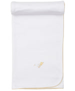 The Kissy Kissy Premier Baby Duckling Blanket with Hand Emb. is a white baby blanket with yellow trim, partially rolled at the top, and features an embroidered duck and ducklings near one corner.