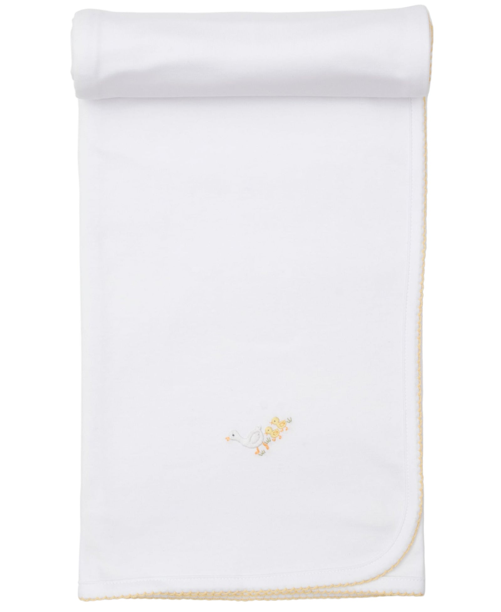 The Kissy Kissy Premier Baby Duckling Blanket with Hand Emb. is a white baby blanket with yellow trim, partially rolled at the top, and features an embroidered duck and ducklings near one corner.