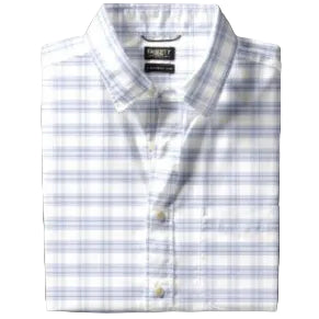 The Movement Shirt by Faherty is a folded long-sleeve button-up with a light blue and white plaid pattern, designed for all-day comfort and flexible movement.