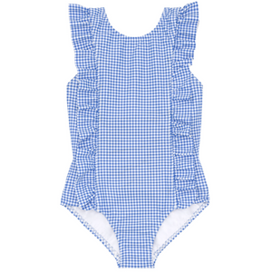 The Minnow Girls' Sky Blue Gingham Ruffle One Piece features a pinafore-style design with ruffled sleeves and sides, providing a feminine touch. Ideal for sunny days, it combines style and playfulness when viewed from the front.