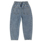 The Girls' Barrel Pant by Rylee & Cru is a blue denim style with an elastic waistband and two back pockets, shown flat with the back side up. Its relaxed fit combines comfort and everyday style.