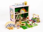 A Jack Rabbit Creations Suitcase Series bamboo suitcase opens into a two-story fairy house with wooden figurines, a unicorn, a mushroom table, and a green garden base.