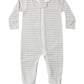 The Quincy Mae Baby Zip Long Sleeve Sleeper Footie, featuring grey and white horizontal stripes, a zip closure down the front, and covered feet, is shown laid flat on a white background.