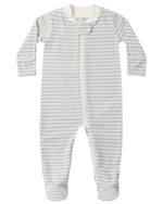 The Quincy Mae Baby Zip Long Sleeve Sleeper Footie, featuring grey and white horizontal stripes, a zip closure down the front, and covered feet, is shown laid flat on a white background.